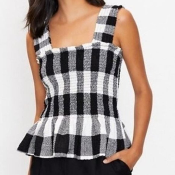 Loft Tops - Loft Black and White Gingham Smocked Peplum Top Size XXS NWT